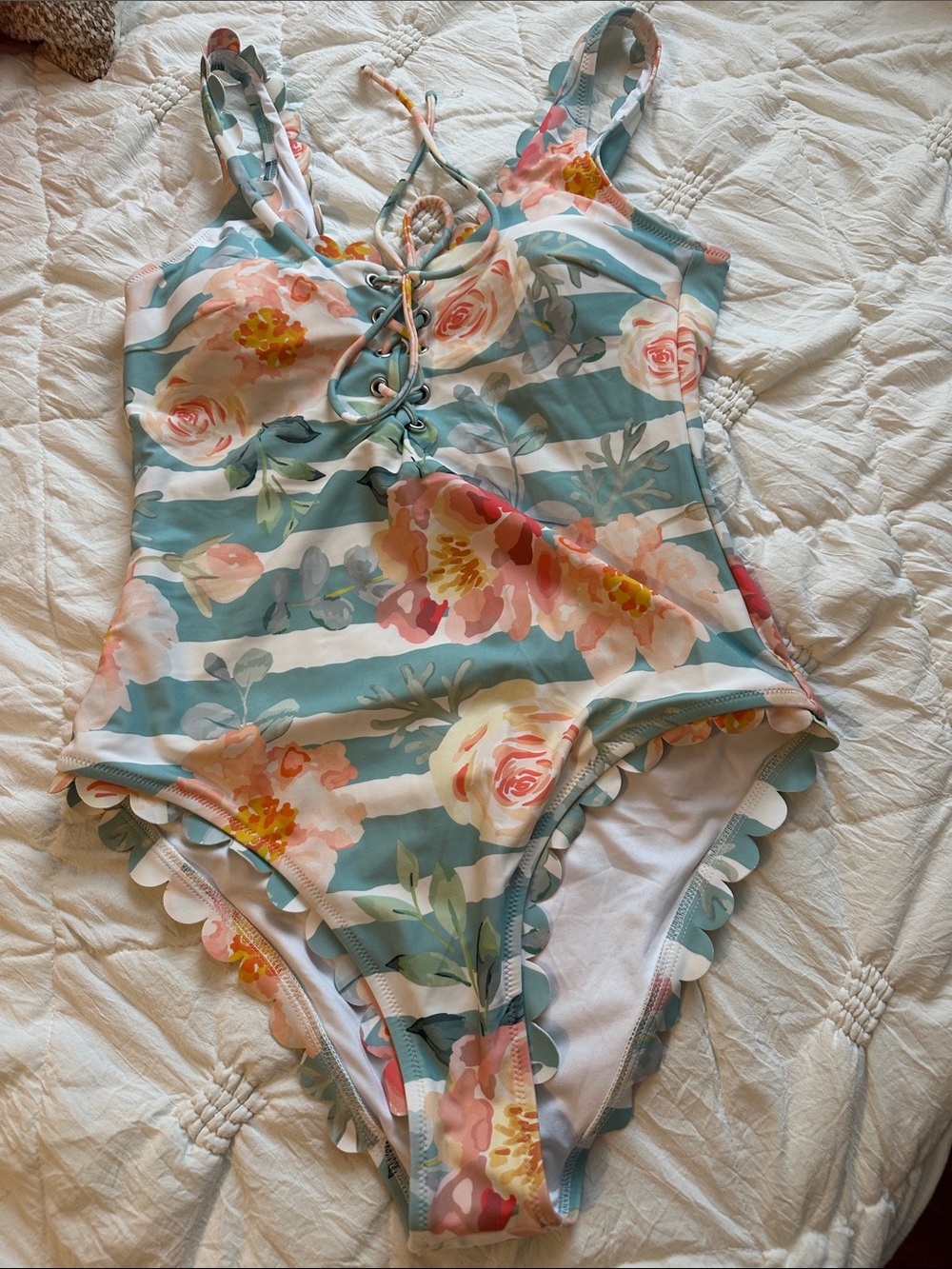 Lace-Up Floral Stripe One-Piece Swimsuit - Blue Floral